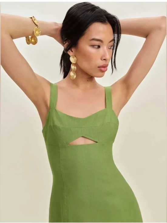 Reformation Belma Avocado Green Cutout Linen Mini Dress - Picture 2 of 10